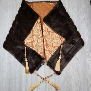 IMAN Faux Fur Wrap Shawl Womens Brown Gold Damask Jacquard With Beaded Tassels